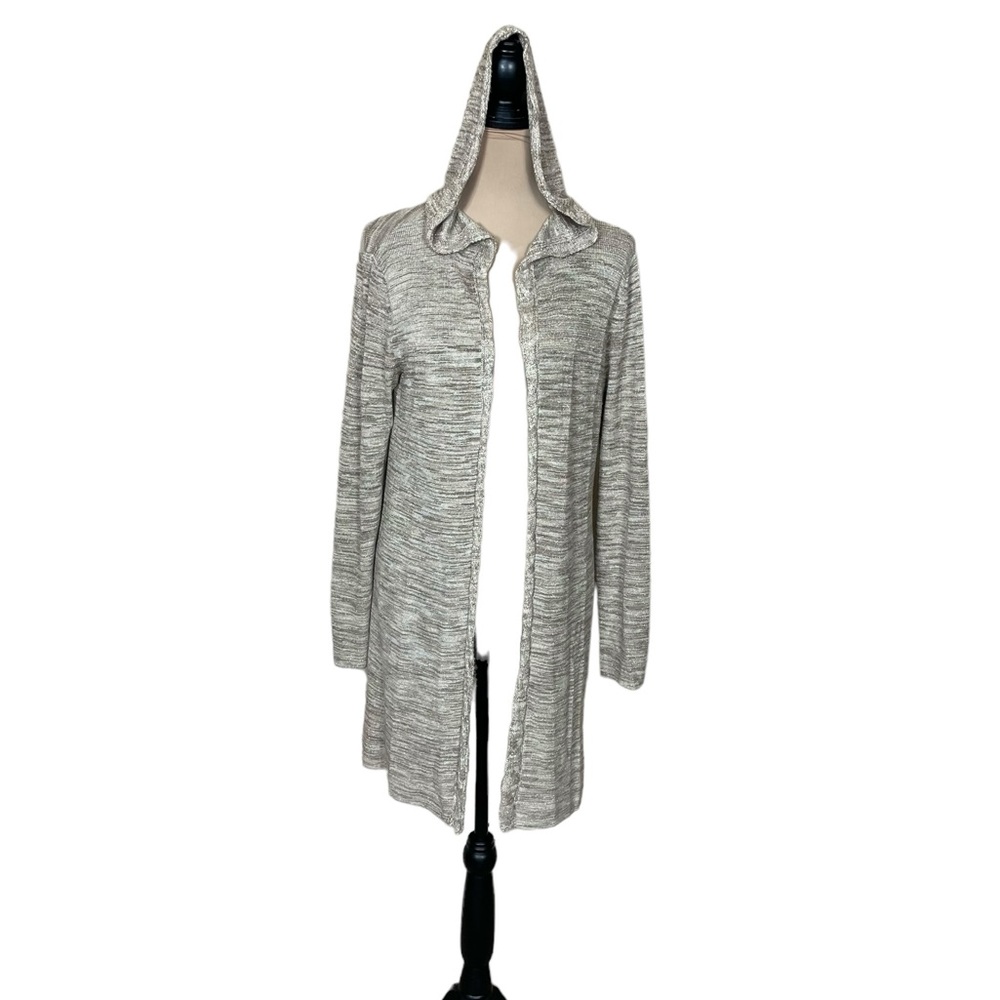 Chico’s Hooded Open Front Cardigan Sweater Gold Metallic Ribbed (A1)